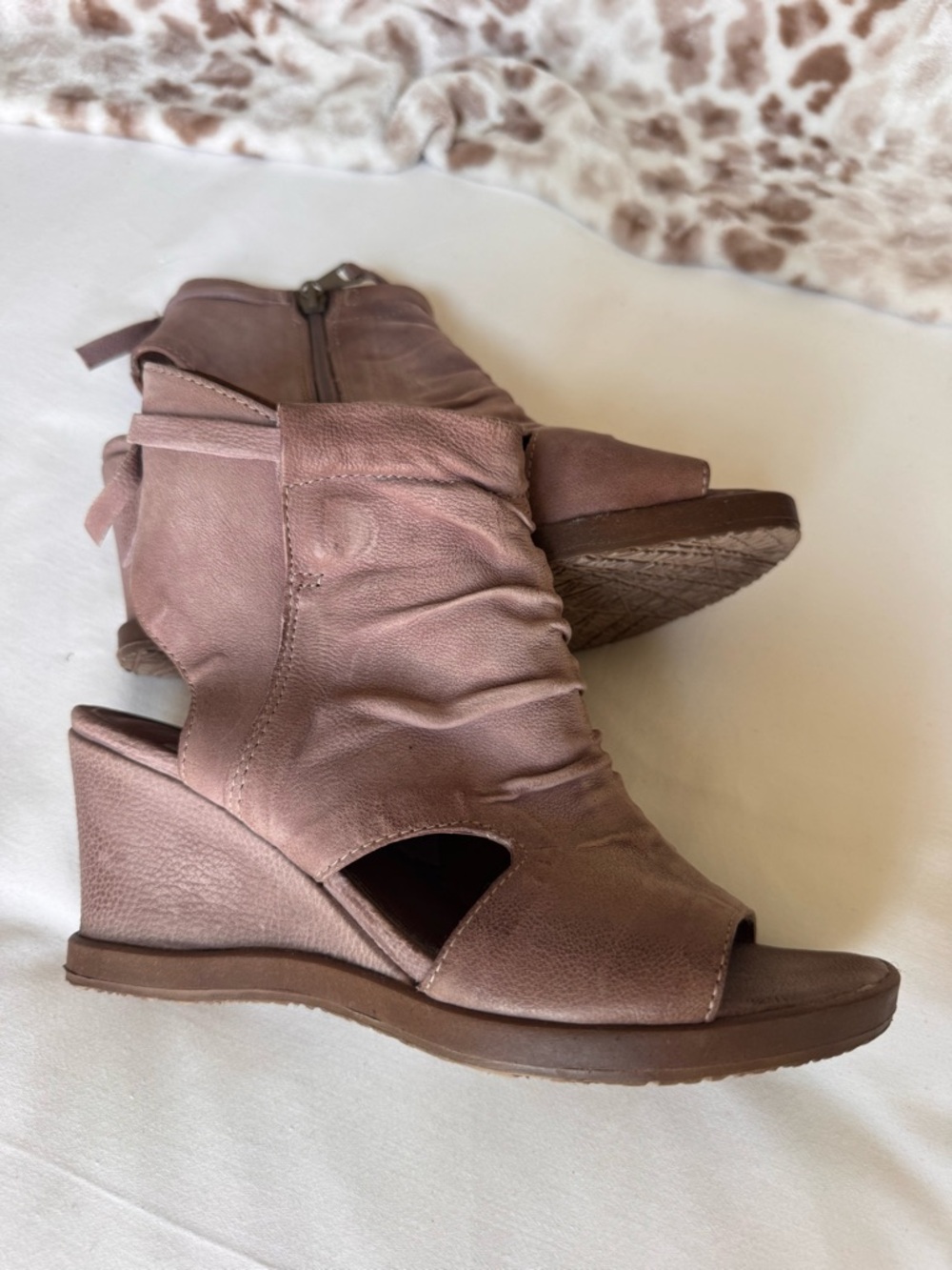 Miz Mooz Dusty Mauve Ruched Peep-Toe Wedge Booties